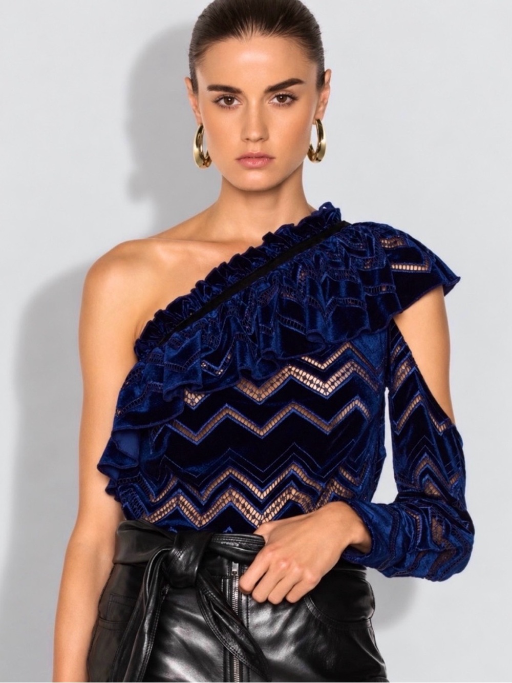 SELF PORTRAIT Velvet Zig Zag One Shoulder Navy Ruffle Top Size 4